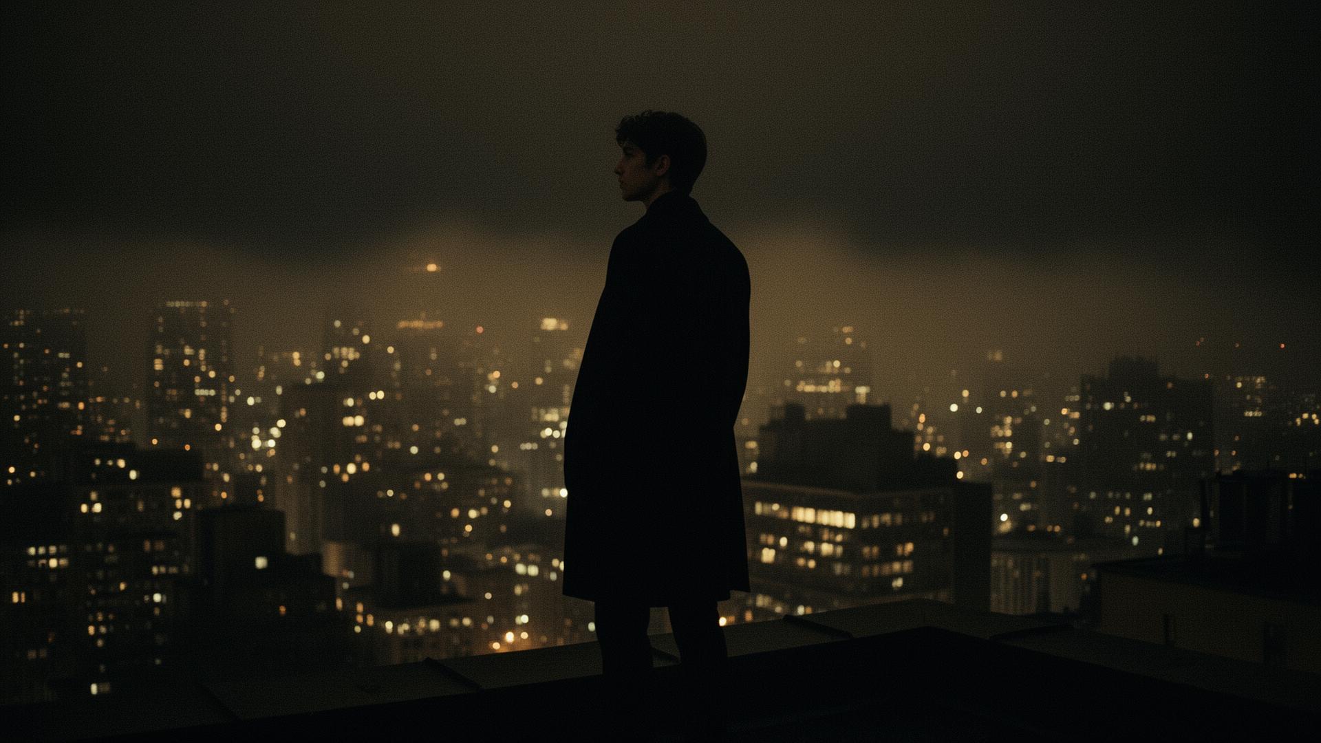 Silhouette of a man overlooking a city at night